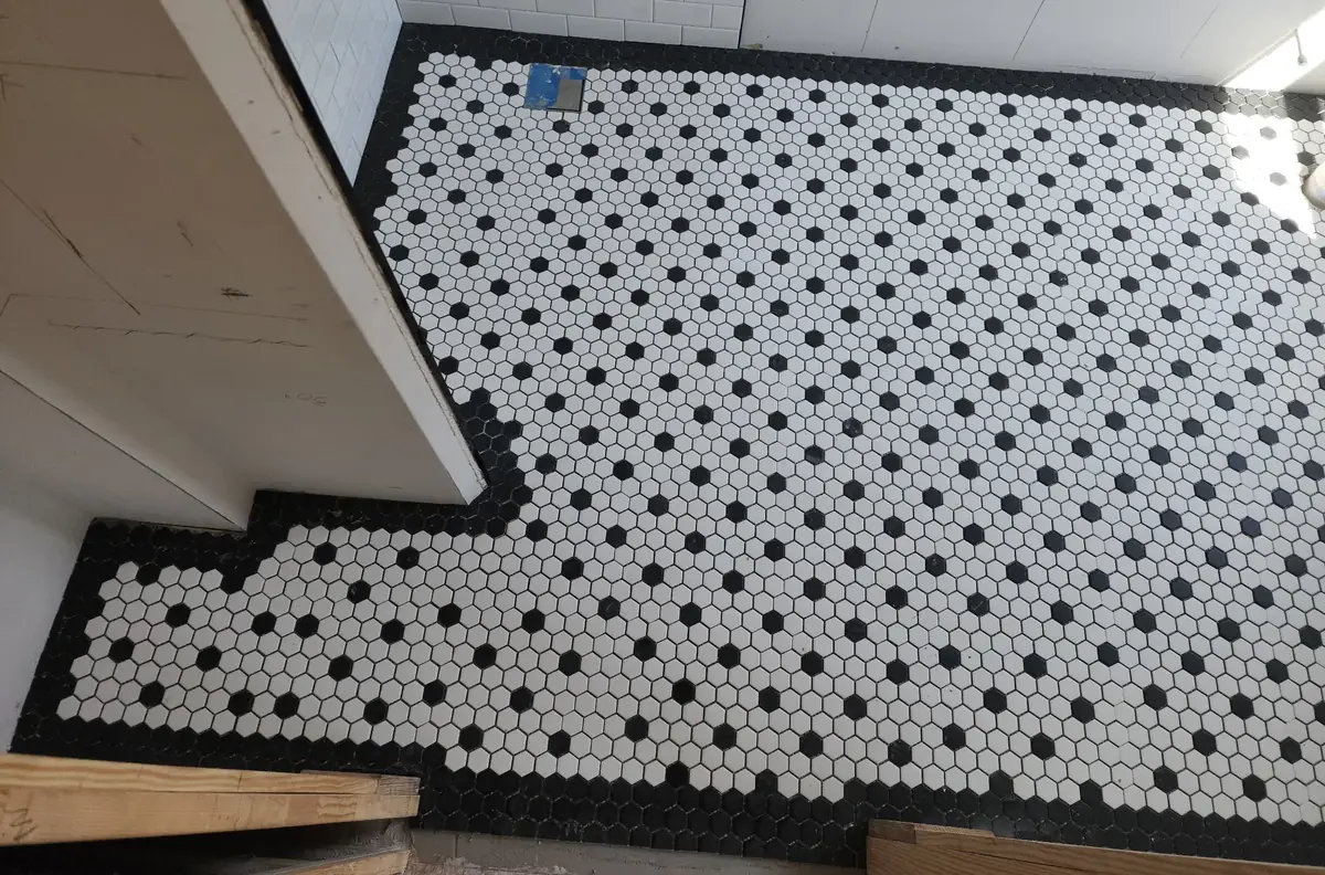Black and white hexagon mosaic floor